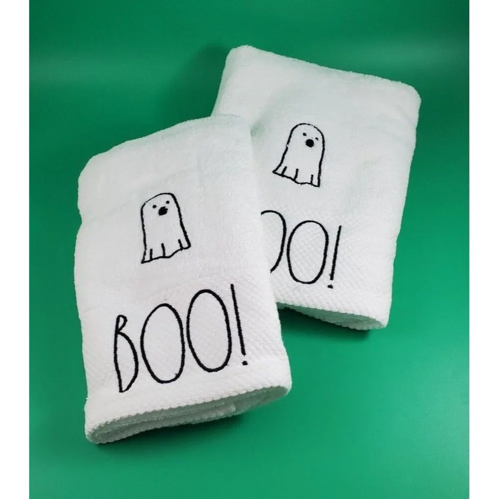 Rae Dunn by Magenta “Boo” White cute Ghost Halloween Hand Towels Set of 2 16x30